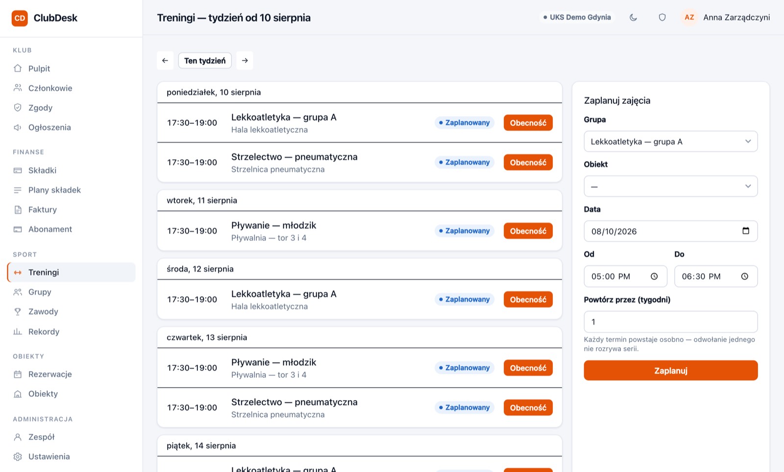 Tygodniowy terminarz treningów z listą obecności